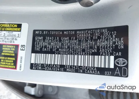 2012 Toyota Corolla L from USA, damaged, VIN 2T1BU4EE5CC888327